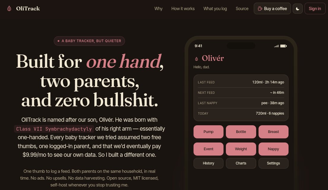 OliTrack landing page: Built for one hand, two parents, and zero bullshit