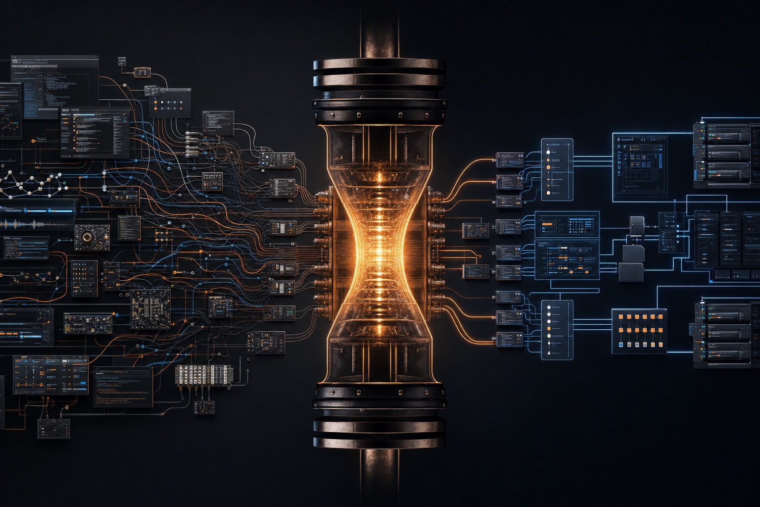 Abstract technical illustration of a complex software, hardware and AV project being refined into a clean working system.